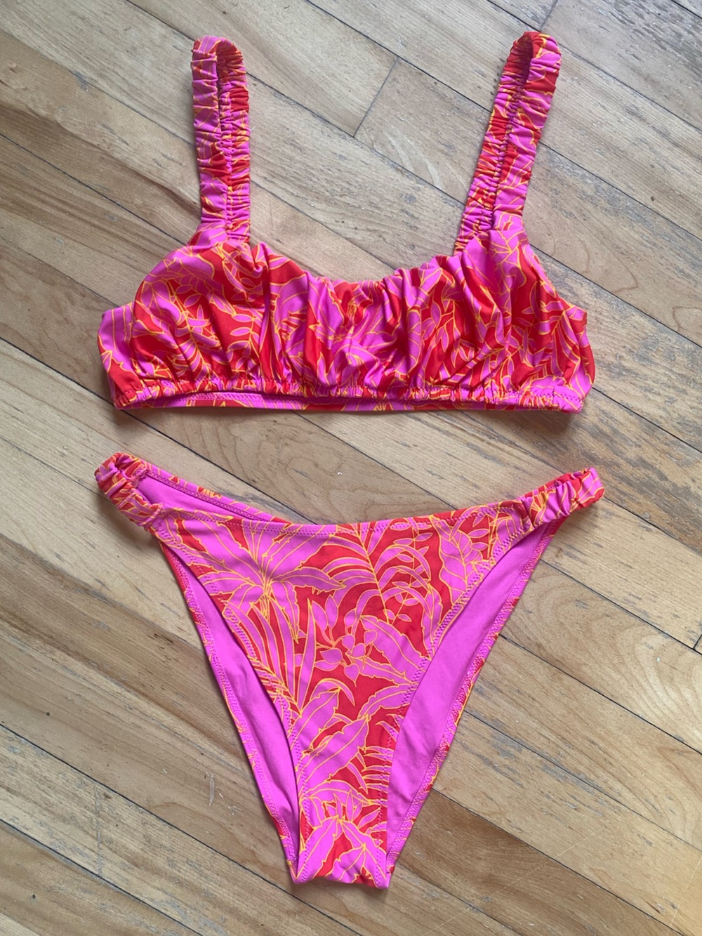H&M Bikini Set Pink Orange Red Floral Print Boho Scrunch Balconette